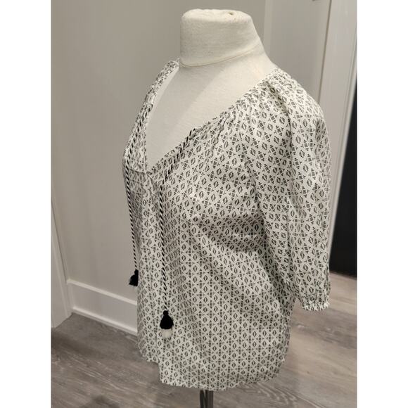 A New Day White Black Geometric Print Boho Peasant Top Tassels Cotton Small - Picture 7 of 12